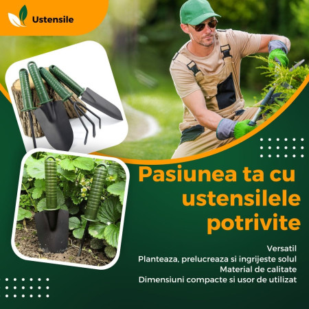  Unelte Grădină Compacte, Set 4 pentru Plantare și Îngrijire Plante, Material PVC + Carton, 25x8.5 cm, Verde