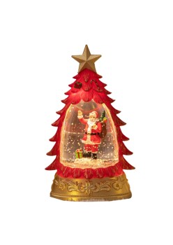 Decoratiune de Craciun tip Brad, Flippy, Glob de Cristal cu Fulgi de Zapada, Model Mos Craciun, Iluminare LED, 16 x 9 x 5 cm, Carcasa Vintage Rosu, Transparent