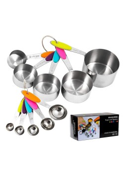 Set 10 Piese de Masurare, Flippy, 5 Linguri Gradate + 5 Cesti Gradate, Otel Inoxidabil + Silicon, 19 x 8 x 9 cm, Multicolor