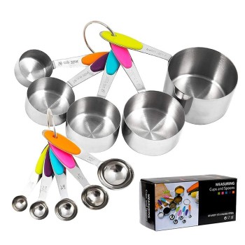 Set 10 Piese de Masurare, Flippy, 5 Linguri Gradate + 5 Cesti Gradate, Otel Inoxidabil + Silicon, 19 x 8 x 9 cm, Multicolor