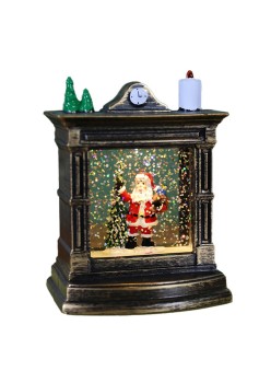 Decoratiune de Craciun tip Semineu / Ceas, Flippy, Glob de Cristal cu Fulgi de Zapada, Model Mos Craciun, Iluminare LED, 11.5 x 8.5 x 6.5 cm, Carcasa Vintage Bronze, Transparent