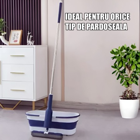 Set Mop cu Galeata Pliabila, Albastru, 32 cm, Maner Telescopic 140 cm, Stoarcere Eficienta, cu Roti