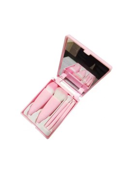 Set 5 Mini Pensule de Machiaj, Flippy, Portabile, in Carcasa cu Oglinda, din Par Sintetic Moale, Roz, 12x7x2.5 cm