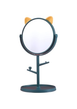 Oglina Cosmetica cu Picior, Flippy, HD, Rotire 360 Grade, 15 cm Diametru, Suport Bijuterii Baza Rotunda + 2 Brate, Model cu Urechi, 31 x 14.5 x 15 cm, din Plastic, Albastru/Galben