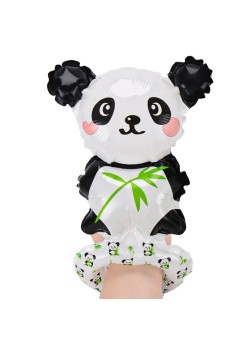 Balon din Folie Metalizata, Flippy, Figurine Animalute, Tip Bratara, Model Panda, 13 x 35 cm, Ambalaj Individual, Pai Inclus, Umflare cu Aer sau Heliu, Alb/Negru