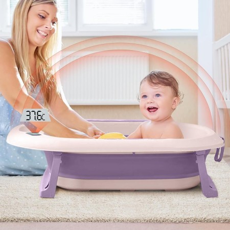 Cada Baie Pliabila pentru Copii 0-6 Ani – Cu Termometru, Perna Suport, Model Balena, Mov, 81.5 x 49 x 21.5 cm