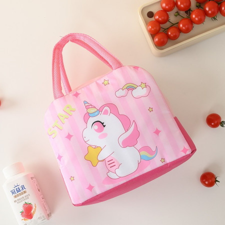 Geanta Termoizolanta pentru Copii, Flippy, 23x13x19 cm, Model Imprimeu Unicorn, din Folie de Aluminiu si Panza Oxford, Roz