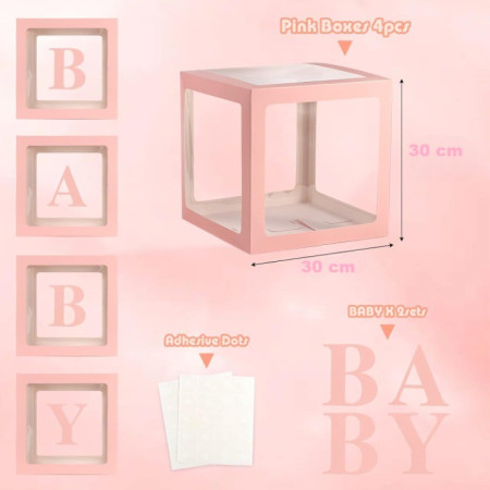 Set 4 Cutii pentru Baloane, Flippy, Model Scris Baby, Tematica Iubire, Cuburi Decorative din Plastic, Accesorii pentru Petrecere, 30 x30 cm, Transparente Contur Roz