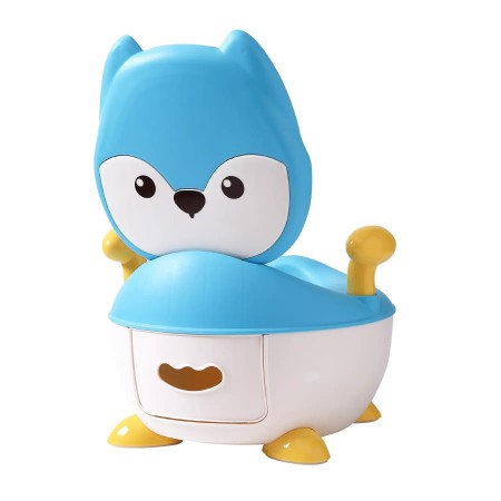 Olita pentru Copii, Flippy, +6 luni, Compartiment Detasabil, cu Capac, Antiderapanta, din Plastic, Colac Moale, Model Animat Vulpe, cu Maner, 34.5 x 35 x 23 cm, Albastru/Alb