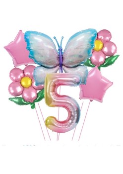 Set baloane aniversare cu numere, din folie de aluminiu, 6 piese, 2 flori, 2 stelute, 1 fluture, 1 cifra, Multicolor, Cifra 5