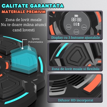 Tinta Lovituri Box Montabil pe Perete, Flippy, Negru, Difuzor, Bluetooth, Iluminare LED, 41.5 x 6.5 x 42 cm, Manusi Incluse