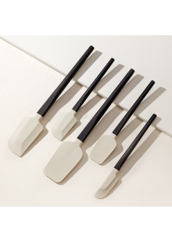 Set 5 Ustensile de Bucatarie, Flippy, din Silicon si Lemn, Spatule de Diferite Dimensiuni, Termorezistente, Antiaderente, Alb-Negru