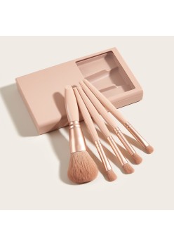 Set 5 Pensule de Machiaj cu Peri Moi, Flippy, cu Suport pentru Depozitare si Oglinda, Roz Pal