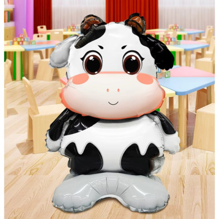 Balon din Folie Metalizata, Flippy, Mini Figurine Animalute, Model Vacuta, Tematica Aniversare, 38x58 cm, Ambalaj Individual, Pai Inclus, Umflare cu Aer sau Heliu, Multicolor