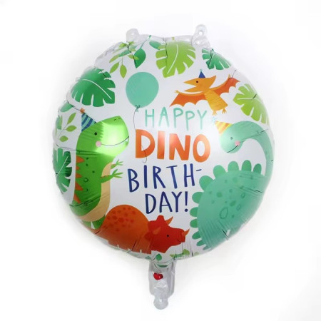 Balon din Folie Metalizata, Flippy, Mini Figurina Rotunda, Model Happy Birthday cu Dinozauri, Tema Aniversare, 45 cm, Ambalaj Individual, Pai inclus, Umflare cu Aer sau Heliu, Multicolor