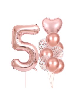 Set 10 Baloane Folie si Latex, Flippy, Tematica Aniversare, Baloane Latex 25cm, Figurina Inimioara 45 cm, Cifra 5 de 81 cm, Ambalaj Individual, Pai Inclus, Umflare cu Aer sau Heliu, Roz Pal