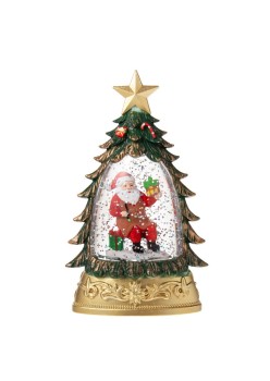 Decoratiune de Craciun tip Brad, Flippy, Glob de Cristal cu Fulgi de Zapada, Model Mos Craciun, Iluminare LED, 16 x 9 x 5 cm, Carcasa Vintage Verde, Transparent