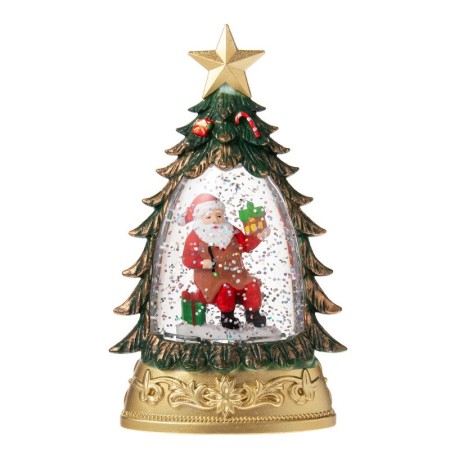 Decoratiune de Craciun tip Brad, Flippy, Glob de Cristal cu Fulgi de Zapada, Model Mos Craciun, Iluminare LED, 16 x 9 x 5 cm, Carcasa Vintage Verde, Transparent