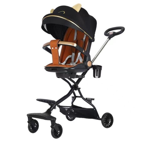 Carucior 3in1, 6-36 Luni, Reversibil, Pliabil, Tavita Masa, Pozitie de Somn, Roti 360, Copertina Soare, Model Pisicute, 32x63x95cm, Negru 