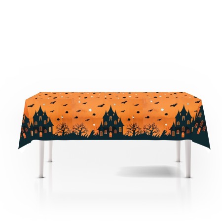 Fata de Masa, Flippy, din Folie, Imprimeu Halloween - Casa Bantuita, 137 x 274 cm, Portocaliu