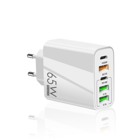 Incarcator Retea, Flippy, 5 Porturi, 65W Fast Charge, 3 x USB, 2 x Type-C, Universal Compatibil iPhone, Huawei, Samsung, Xiaomi, Alb