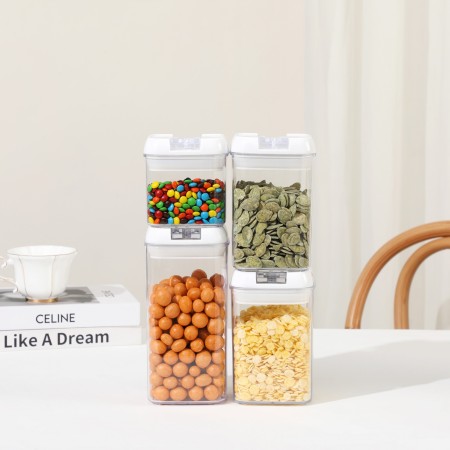 Set 4 cutii de depozitare alimente, condimente, diferite dimensiuni, Flippy, Albe