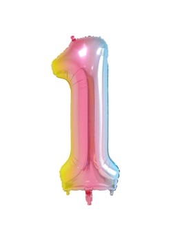 Balon din Folie Metalizata Gradient Flippy, Figurina Cifra, Tema Aniversare 100 cm, Ambalaj Individual, Pai inclus, Umflare cu Aer sau Heliu, Multicolor, Cifra 1