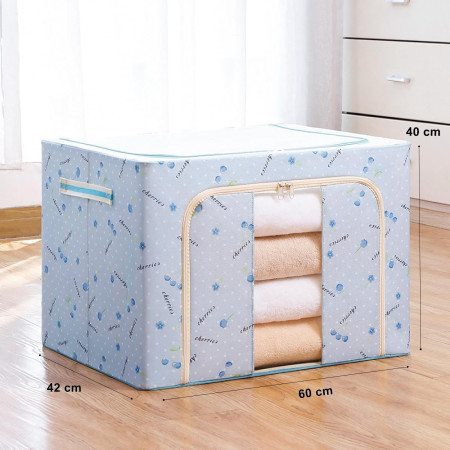Cutie de Depozitare Pliabilă, 100L, Țesătură Oxford, Cadru Metalic, Fermoar Dublu, Fereastră Frontală, Imprimeu Cireșe, 60x42x40 cm, Albastru