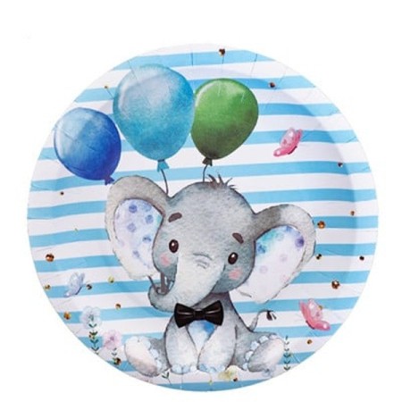 Set 10 Farfurii Unica Folosinta, Flippy, Imprimeu Elefant, din Carton, 22 cm, Albastru