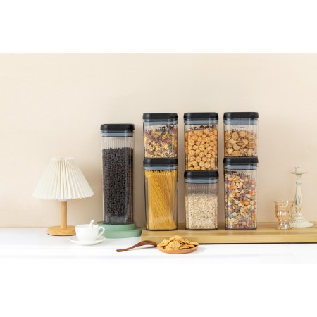 Cutii de Depozitare Alimente, Flippy, Set din 5 Cutii de tip Container, Recipiente pentru Cereale in Bucatarie,  Transparente cu Capac Negru