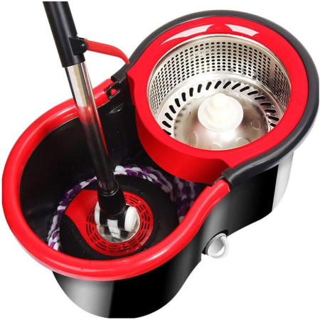 Set mop rotativ cu galeata Flippy, material plastic si microfibra, rezistent, cu dop scurgere, vas detasabil, pentru interior, capacitate 8 l, negru/rosu