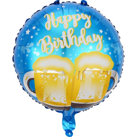 Balon din Folie Metalizata, Flippy, Mini Figurina Rotunda, Model Halbe de Bere, Happy Birthday, Tematica Aniversare, 45 cm, Ambalaj Individual, Pai Inclus, Umflare cu Aer sau Heliu, Albastru