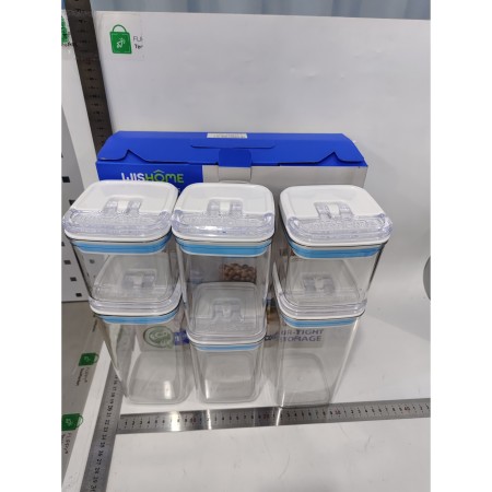 Cutii de Depozitare Alimente, Flippy, Set din 6 Cutii de tip Container, 2x0.5 l, 2x0.8 l, 2x1.2 l, Recipiente pentru Cereale in Bucatarie,  Transparente cu Capac Albastru-Alb