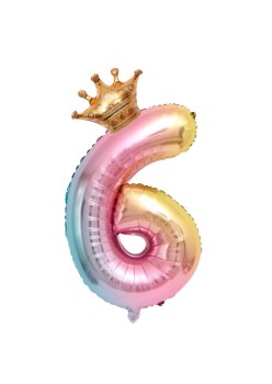 Balon din Folie Metalizata, Flippy, Figurina Cifra Gradient, Tema Aniversare 80 cm, Ambalaj Individual, Pai inclus, Umflare cu Aer sau Heliu, Coronita, Cifra 6