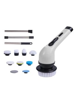 Perie Electrica de Curatare, Flippy, pentru Gresie, Baie, Bucatarie, 25x20x9.5 cm, cu 9 Capete, Maner Extensibil Detasabil 84-127cm, Incarcare USB-Type C, Rotire 360 de Grade, 3000 mAh, Culoare: Alb