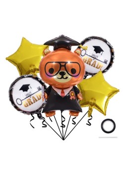 Baloane cu tematica Absolvire, Flippy, set din 5 baloane, 1 Figurina Ursulet, 2 stele, 2 rotunde, din folie de aluminiu, 70 x 40 cm, Aer si Heliu, Auriu Negru