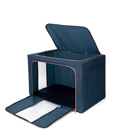 Cutie de Depozitare Pliabilă Premium, 24L, Textil Rezistent, Cadru Metalic, Fermoar Dublu, Ferestre Vizuale, 40x30x20 cm, Albastru Marin