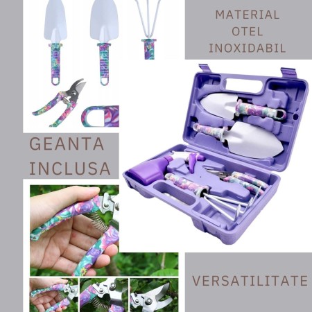Set 5 Accesorii Grădinărit cu Geantă Textilă, Oțel Inoxidabil, Foarfecă + Lopeți + Pulverizator, 38 x 29 cm, Mov
