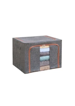 Cutie de Depozitare Pliabilă, 24L, Bumbac și In, Cadru Metalic, Bază Stabilă, Fereastră Frontală, 2 Uși cu Fermoar Bidirecțional, 40x30x20 cm, Gri