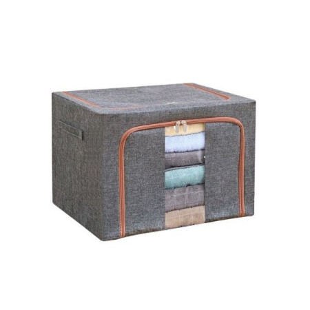 Cutie de Depozitare Pliabilă, 24L, Bumbac și In, Cadru Metalic, Bază Stabilă, Fereastră Frontală, 2 Uși cu Fermoar Bidirecțional, 40x30x20 cm, Gri