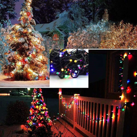 Instalatie de Craciun beculet in 6 colturi, 8 jocuri de lumini, liniara, 10 m, din care 1 m cablu priza 220V, 100 LED, controler, fir negru, multicolor