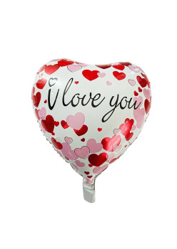 Balon din Folie Metalizata, Flippy, Figurina Inimioara, Model I LOVE YOU, Tematica Iubire, 45 cm, Ambalaj Individual, Pai Inclus, Umflare cu Aer sau Heliu, Rosu