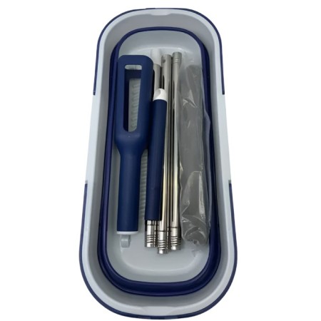 Set Mop cu Galeata Pliabila, Albastru, 32 cm, Maner Telescopic 140 cm, Stoarcere Eficienta, cu Roti