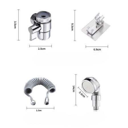 Set Extensie de Dus, Flippy, pentru Baterie Baie sau Bucatarie, 4 Piese, Filtru de Ioni Negativi, Furtun Flexibil de 1.5 Metri, Argintiu