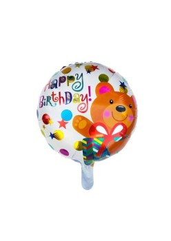 Balon din Folie Metalizata, Flippy, Mini Figurina Rotunda, Model Happy Birthday Ursulet, Tema Aniversare, 45 cm, Ambalaj Individual, Pai inclus, Umflare cu Aer sau Heliu, Maro