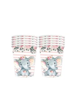 Set 10 Pahare, Flippy, Imprimeu Elefant, din Carton, 7.5 x 8.5 cm, Roz