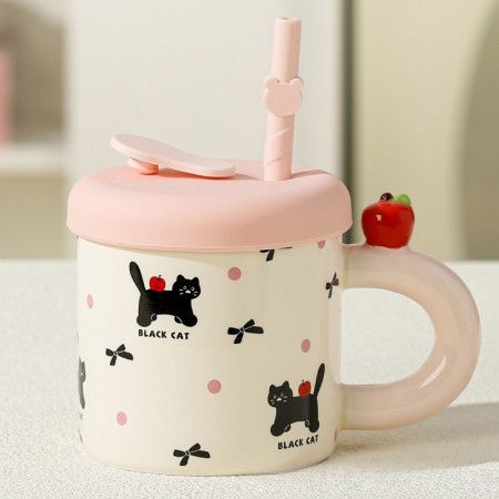Cana din Ceramica cu Capac si Pai, Flippy, Capacul si Paiul din Silicon Roz, 9x8.5 cm, Model Cute C, Capacitate 380ml