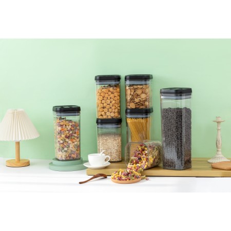 Cutii de Depozitare Alimente, Flippy, Set din 2 Cutii de tip Container, 1.3L, 0.5L, Recipiente pentru Cereale in Bucatarie,  Transparente cu Capac Negru