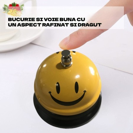 Clopotel Metalic Multifunctional, Flippy, Galben cu Imprimeu Smiley Face, 7.5x7.5x6.5 cm, Receptie, Restaurant, Cafenele