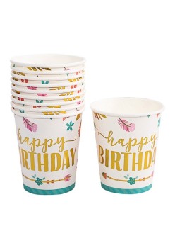 Set 10 Pahare, Flippy, Imprimeu Happy Birthday Gold, din Carton, 250 ml, 7.5 x 8.5 x 5.2 cm, Multicolor